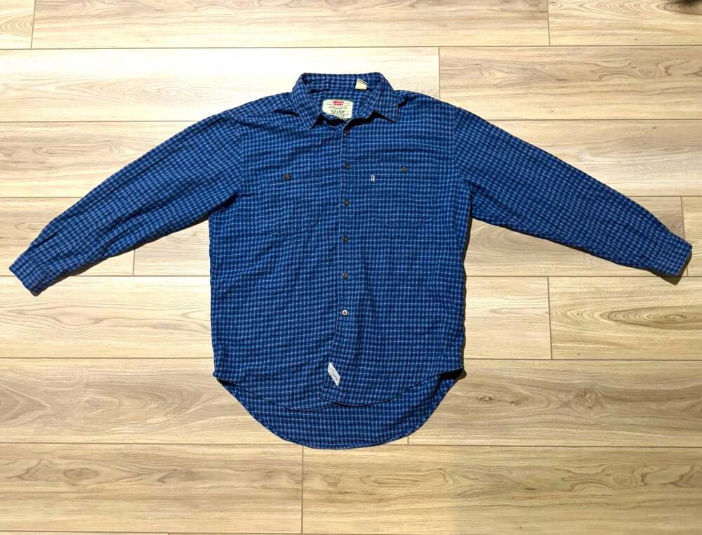 Vintage 90s Levis Flannel Shirt Blue Plaid Two Horse Label White Tab Mens Large